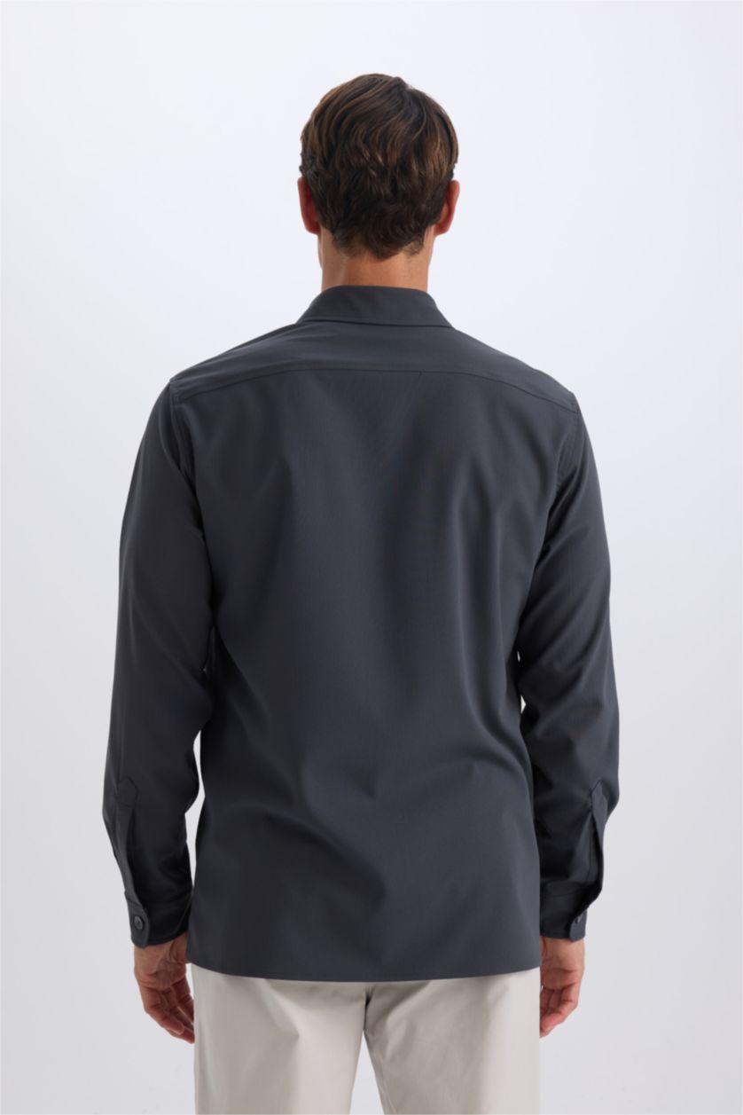 Erkek Antrasit Regular Fit Polo Yaka Basic Düz Gofre Uzun Kollu Gömlek