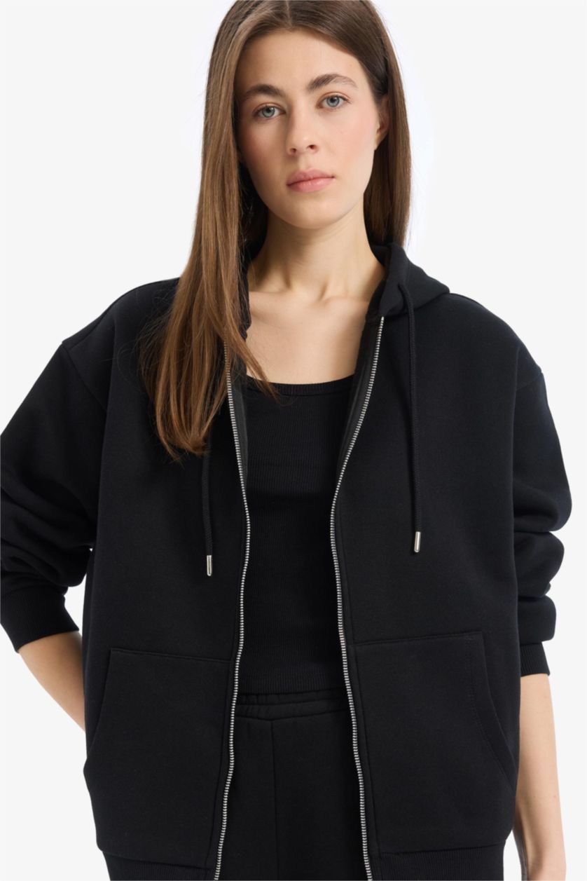 Kadın Siyah Relax Fıt Kalın Sweatshirt Kumaşı Hırka