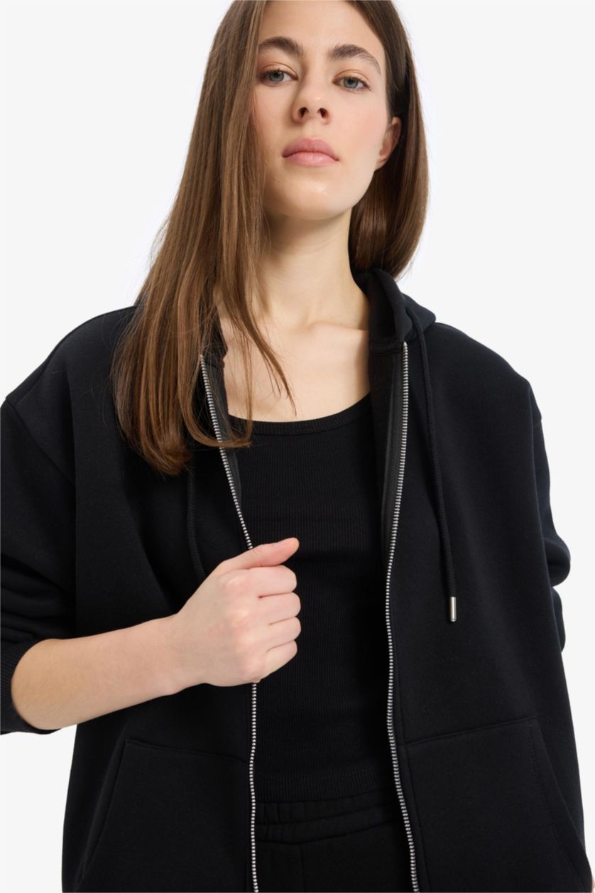 Kadın Siyah Relax Fıt Kalın Sweatshirt Kumaşı Hırka