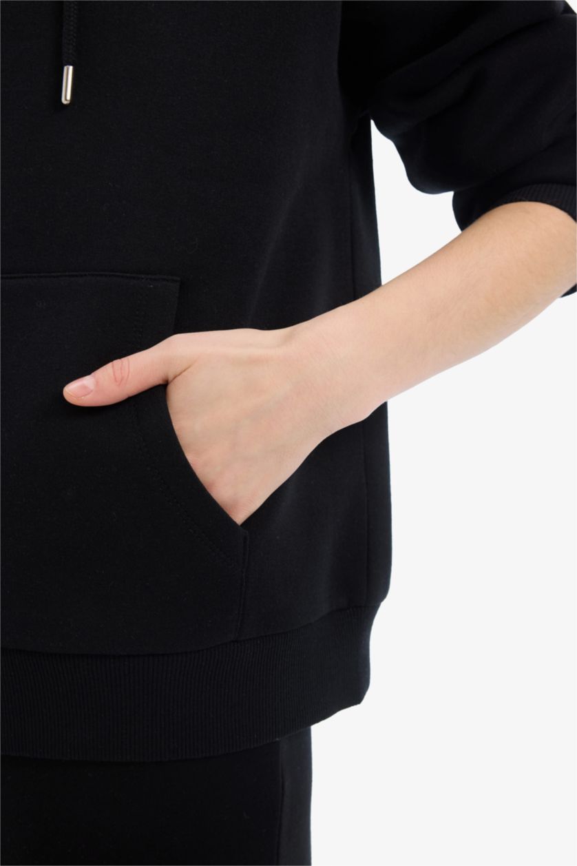 Kadın Siyah Relax Fıt Kalın Sweatshirt Kumaşı Hırka