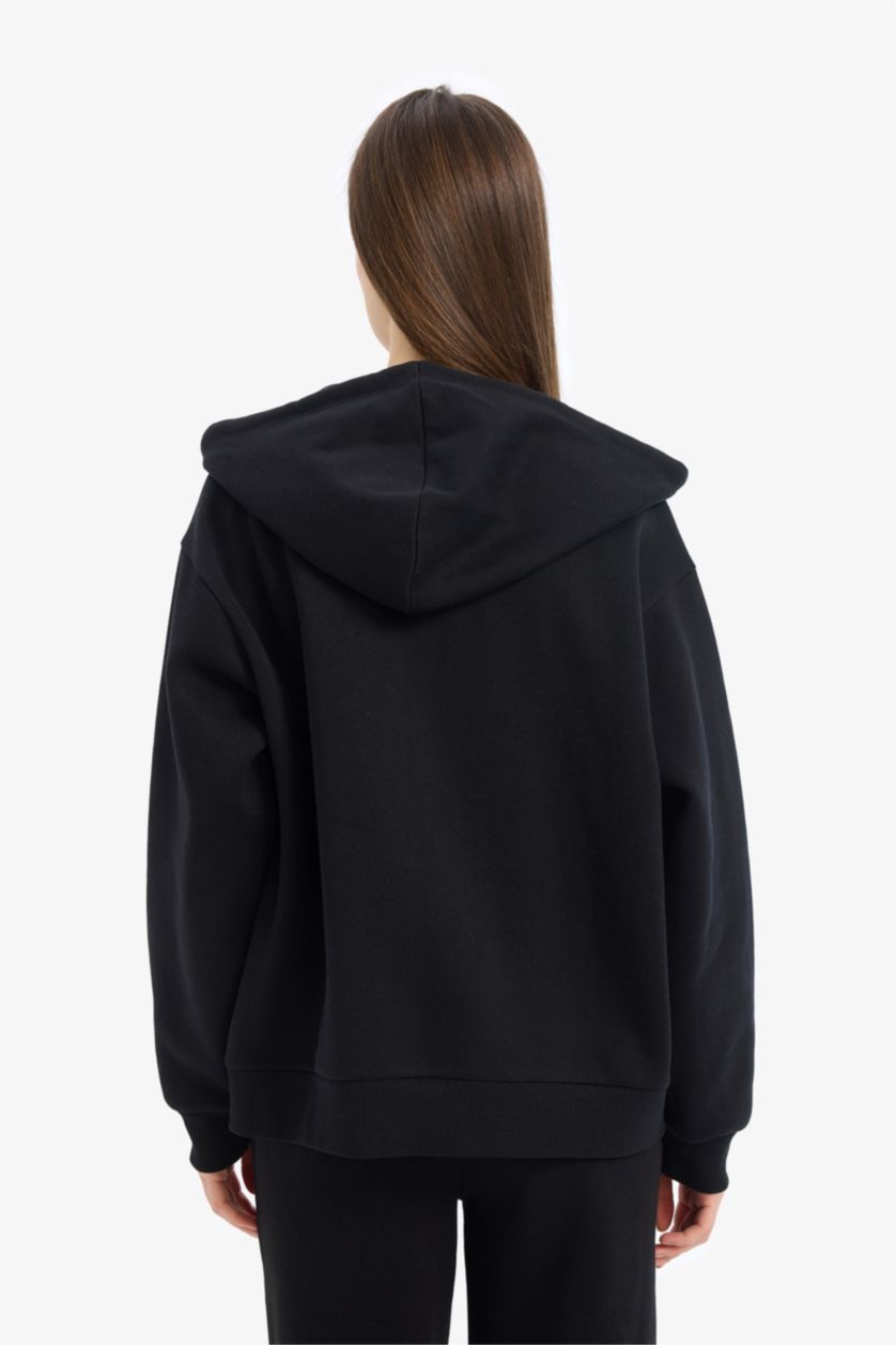 Kadın Siyah Relax Fıt Kalın Sweatshirt Kumaşı Hırka