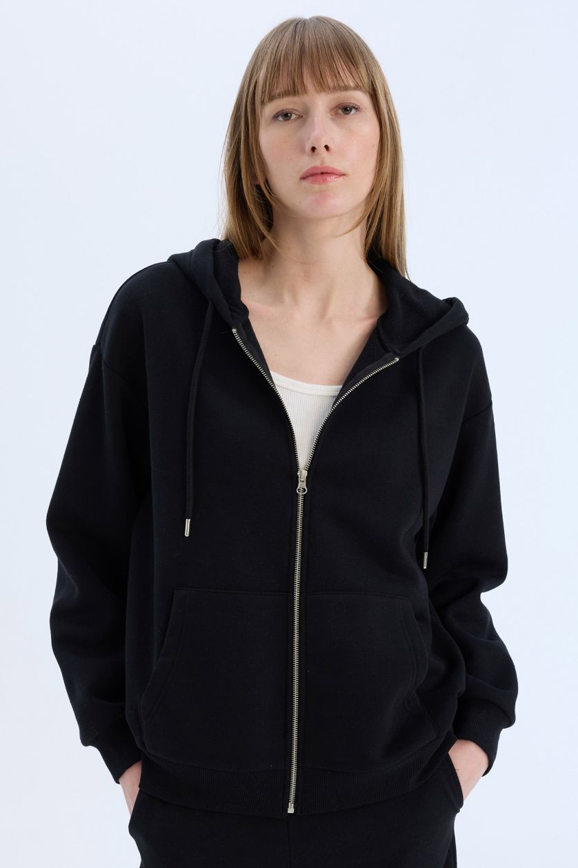 Woman Black Back to School Relax Fit Hooded Thick Basic Sweatshirt