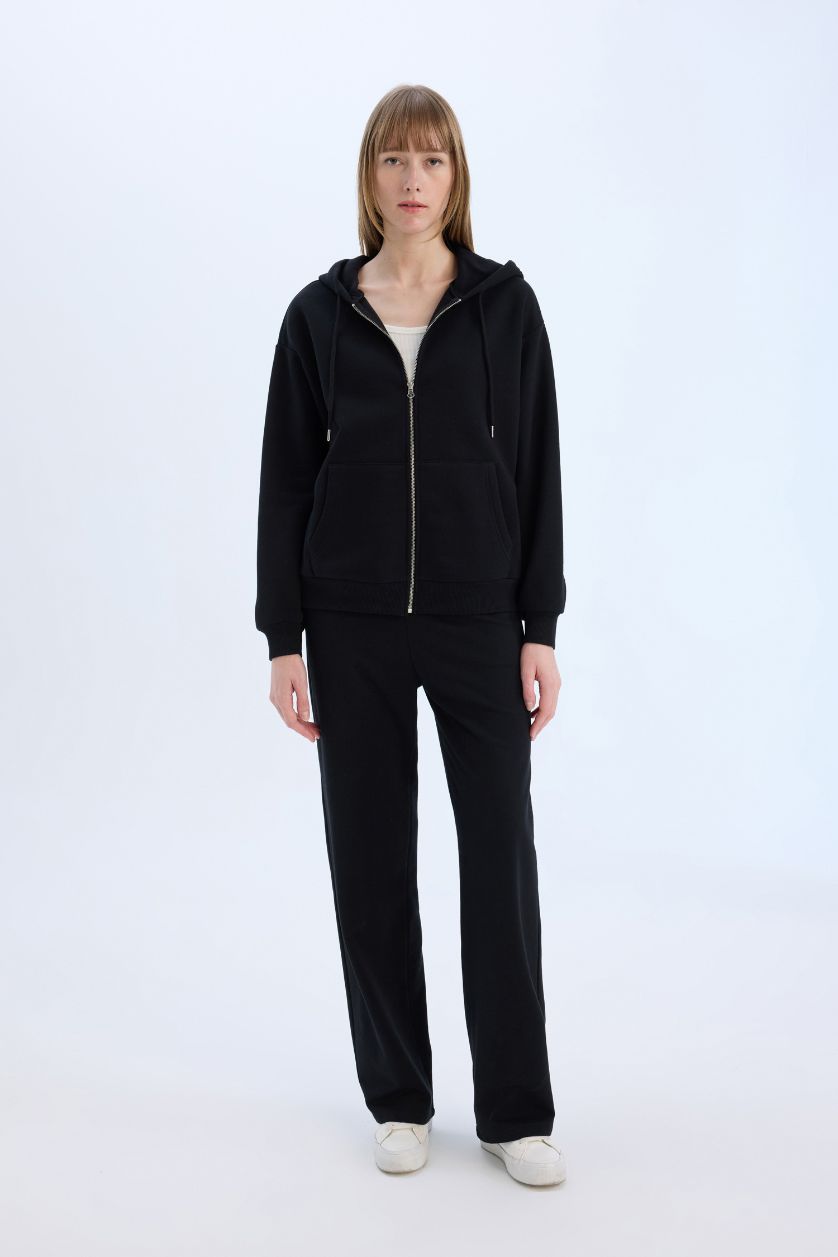 Woman Black Back to School Relax Fit Hooded Thick Basic Sweatshirt