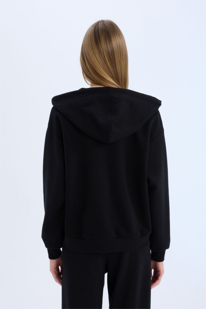 Woman Black Back to School Relax Fit Hooded Thick Basic Sweatshirt