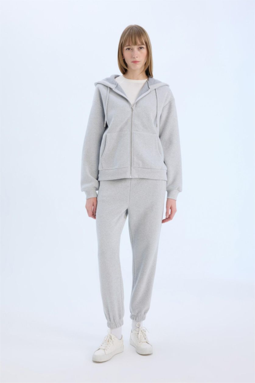 Woman Grey Melange Gray Relax Fit Hooded Thick Basic Sweatshirt