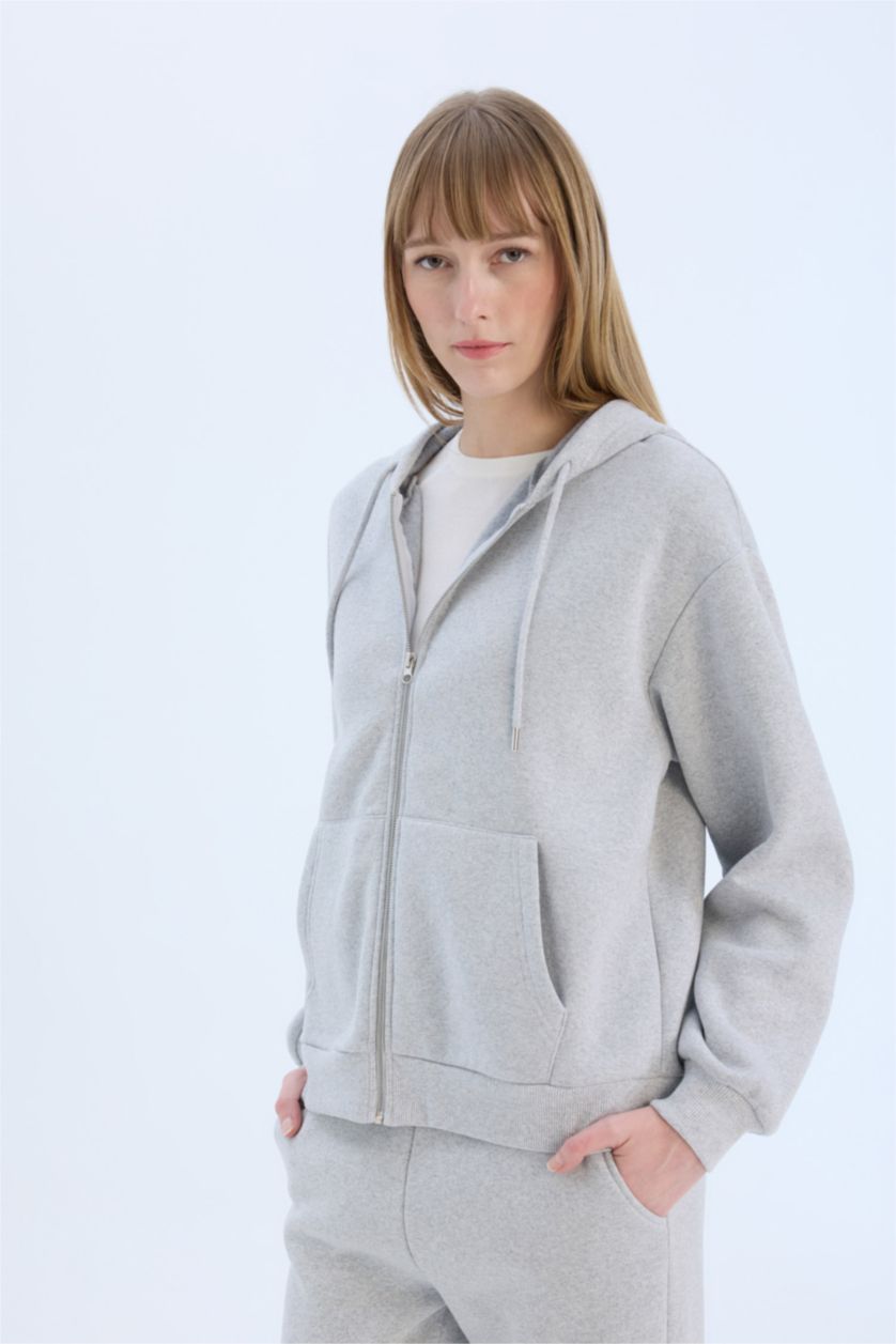 Woman Grey Melange Gray Relax Fit Hooded Thick Basic Sweatshirt