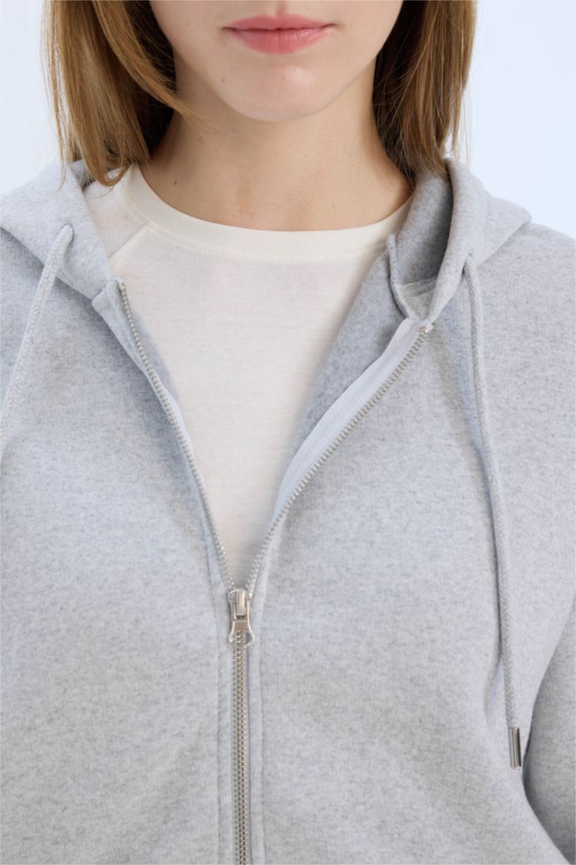 Woman Grey Melange Gray Relax Fit Hooded Thick Basic Sweatshirt