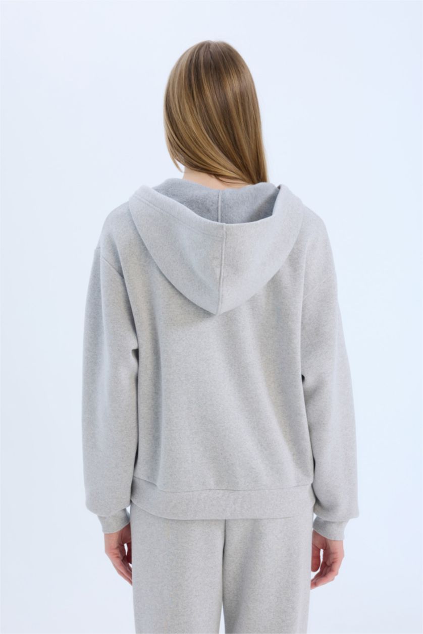 Woman Grey Melange Gray Relax Fit Hooded Thick Basic Sweatshirt