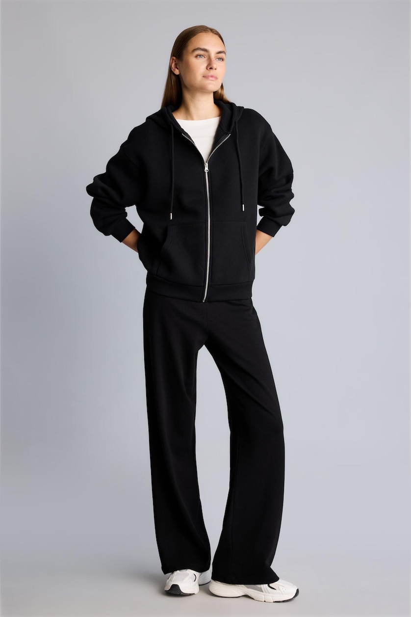 Woman Black Relax Fit Thick Sweatshirt Fabric Cardigan