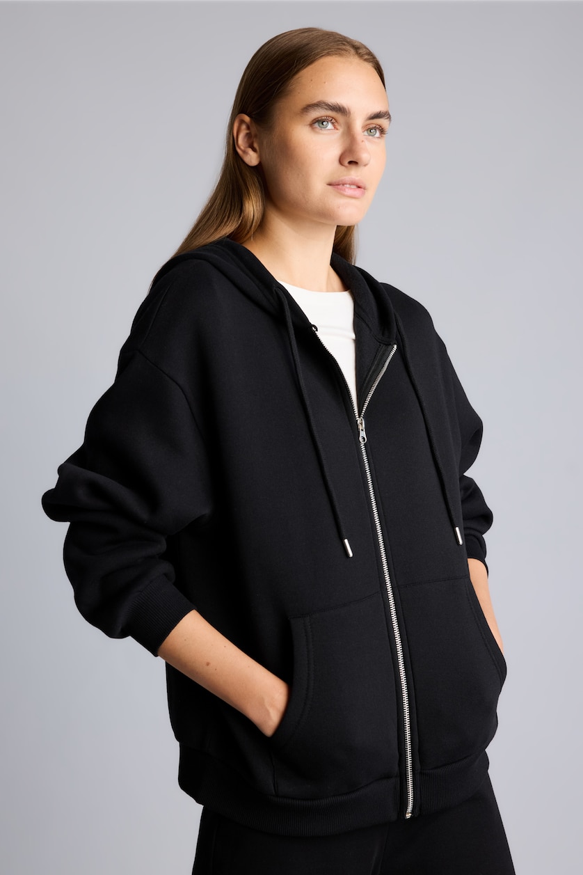 Woman Black Relax Fit Thick Sweatshirt Fabric Cardigan