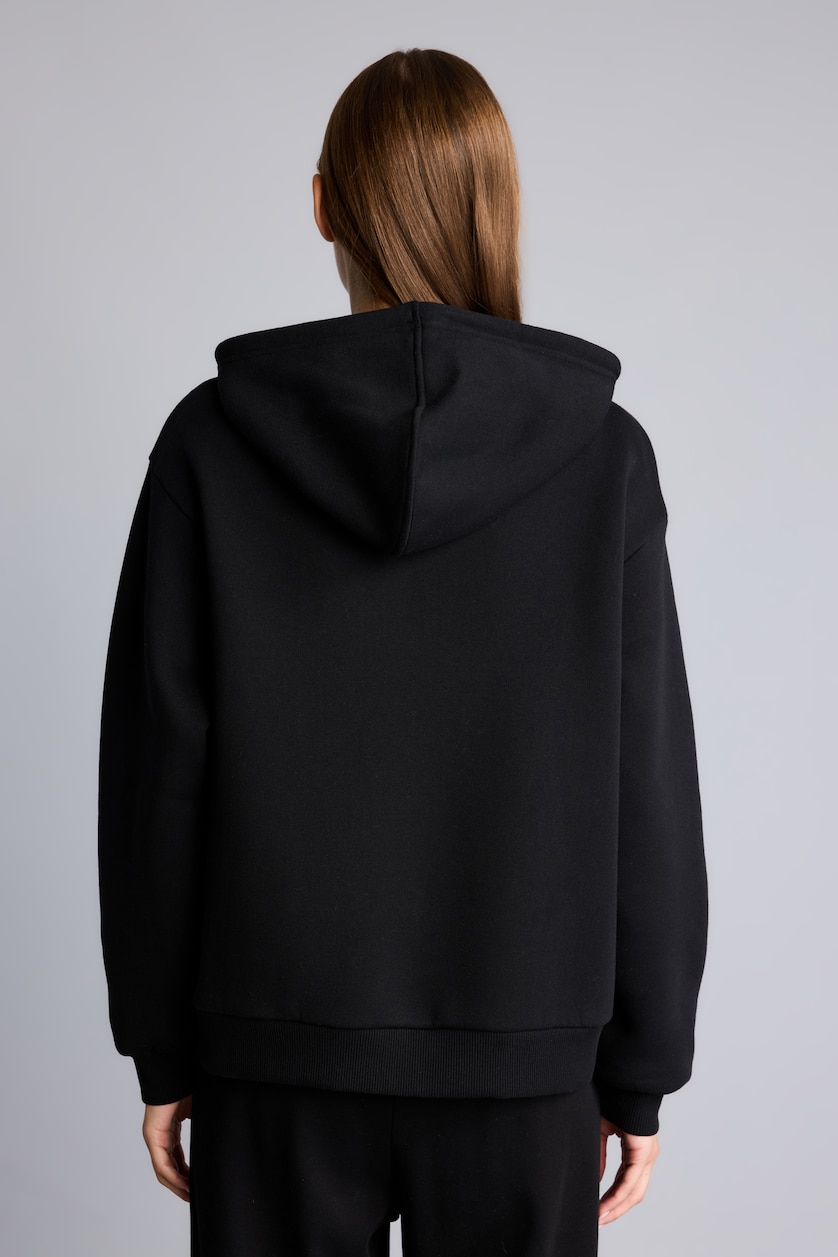 Woman Black Relax Fit Thick Sweatshirt Fabric Cardigan
