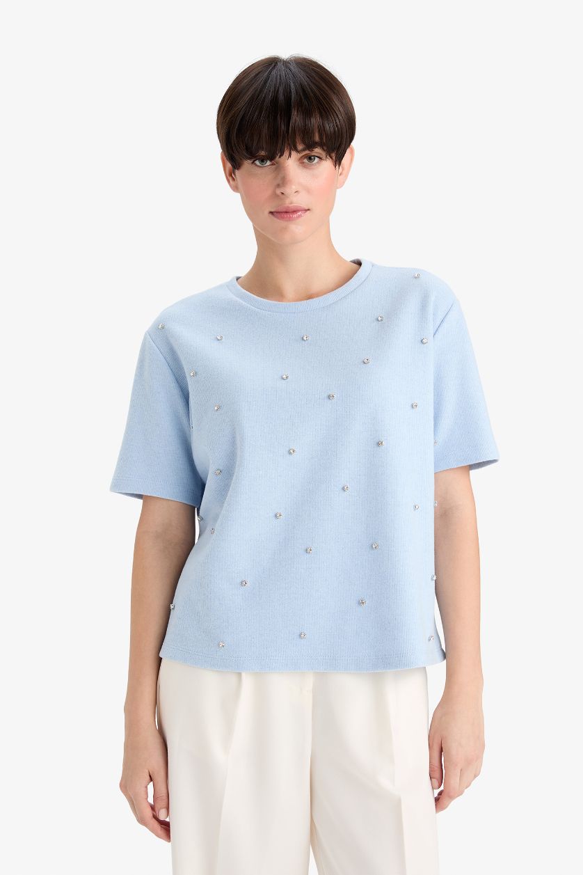 WOMAN Blue Regular Fit Crew Neck Short Sleeve T-Shirt