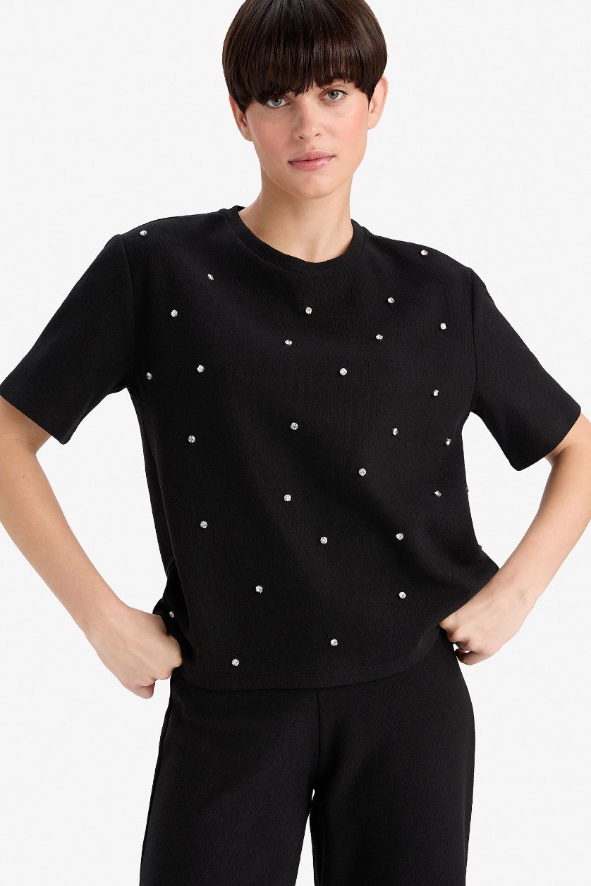 Женщины Черный Футболка с круглым вырезом и коротким рукавом, свободного кроя