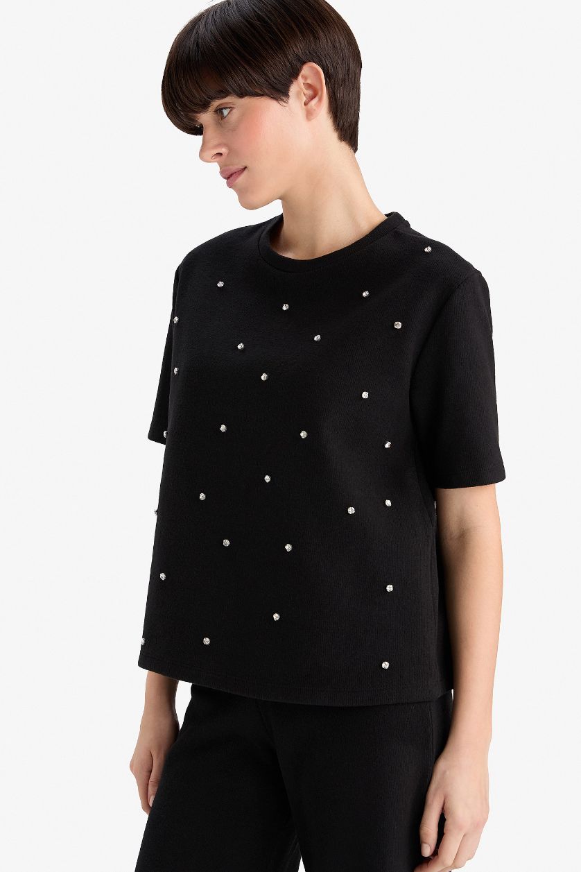 Женщины Черный Футболка с круглым вырезом и коротким рукавом, свободного кроя