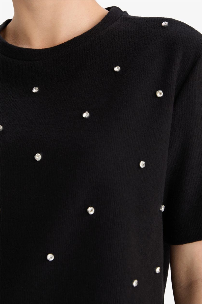 Женщины Черный Футболка с круглым вырезом и коротким рукавом, свободного кроя