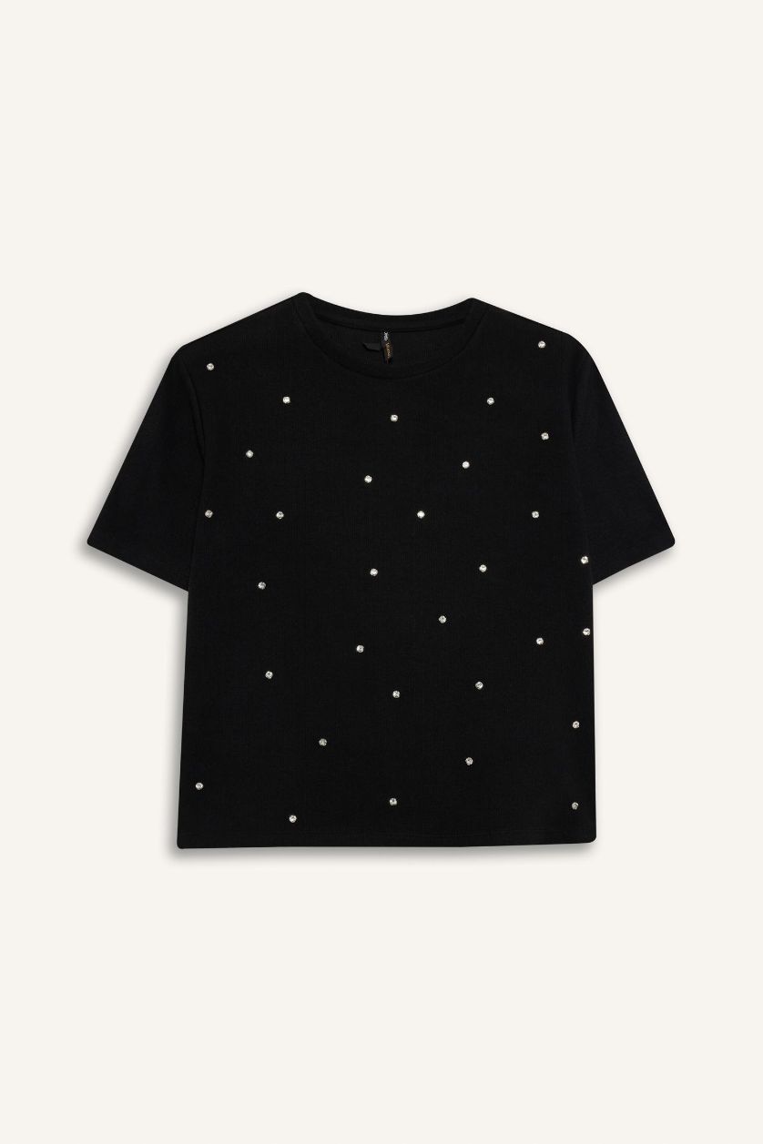 Женщины Черный Футболка с круглым вырезом и коротким рукавом, свободного кроя