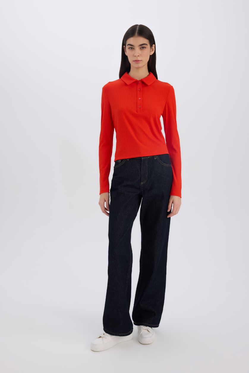 نساء مرجاني تي شيرت كم طويل مضلع سليم فيت بياقة بولو