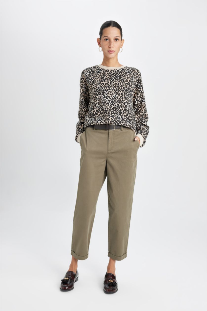 Kadın Bej Boxy Fit Bisiklet Yaka Leopar Desenli Kalın Sweatshirt