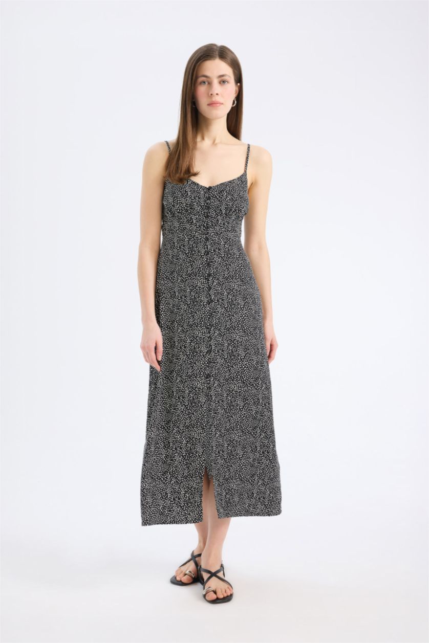 Kadın Siyah Straıght Fıt Çiçekli Maroken Midi Elbise