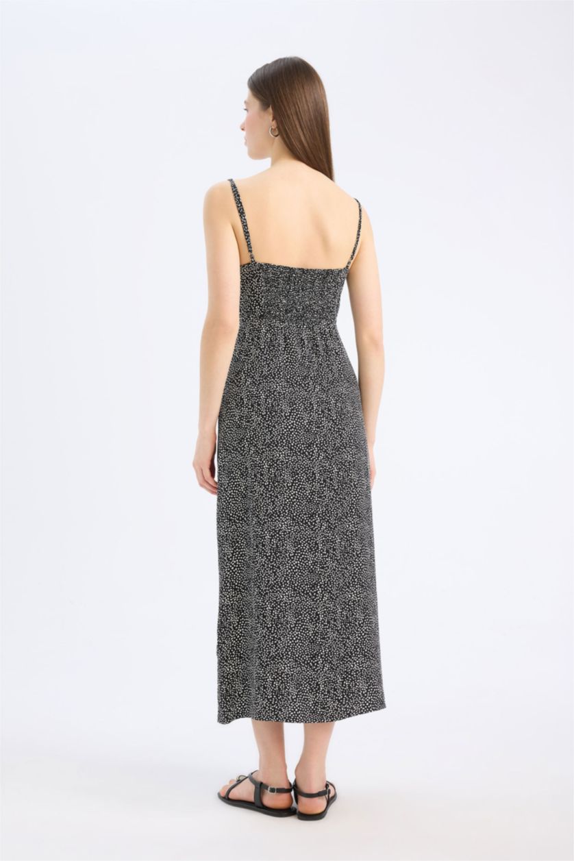 Kadın Siyah Straıght Fıt Çiçekli Maroken Midi Elbise