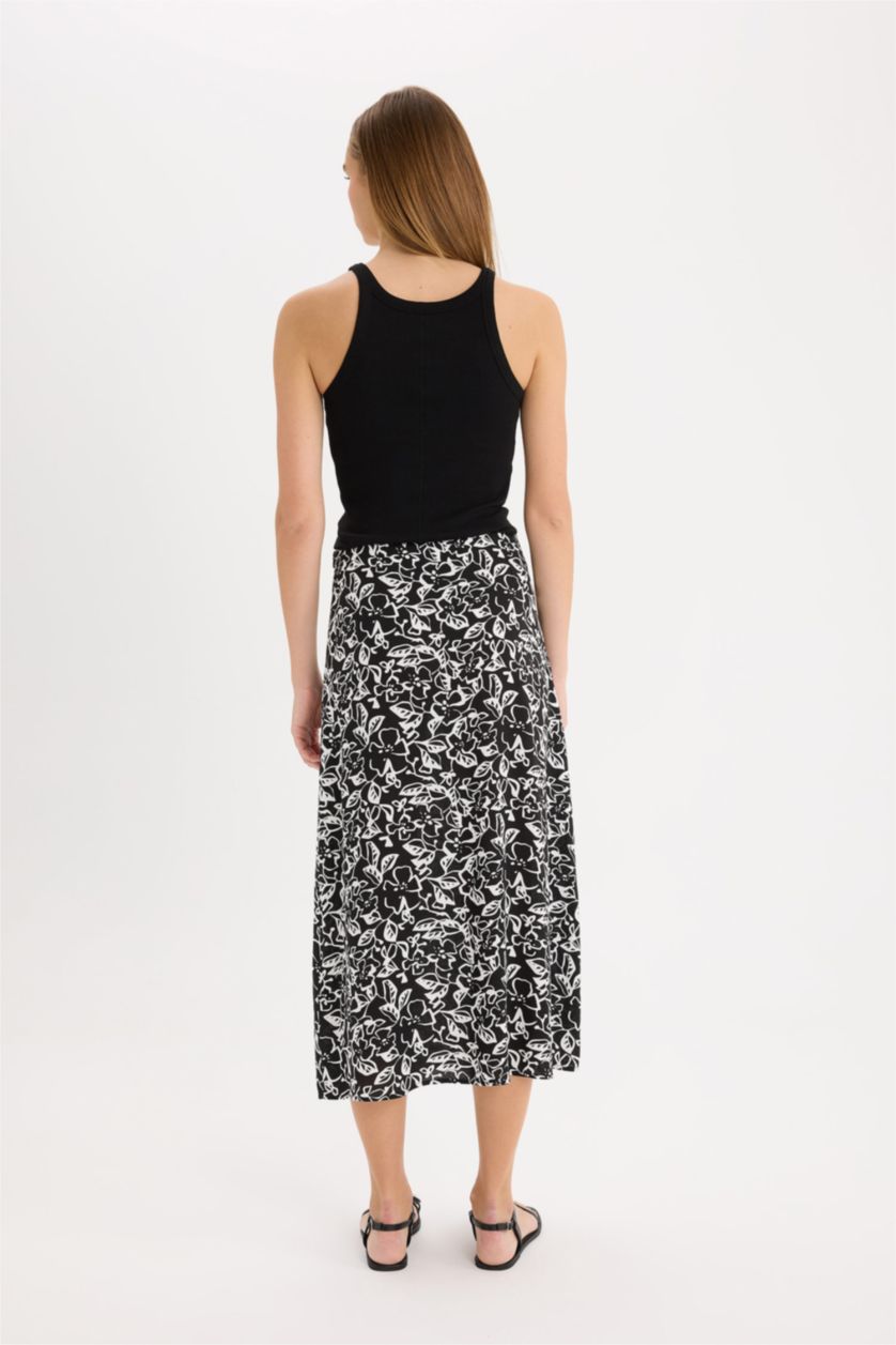 نساء أسود تنورة ميدي فلورال بقصة A و خصر عالي