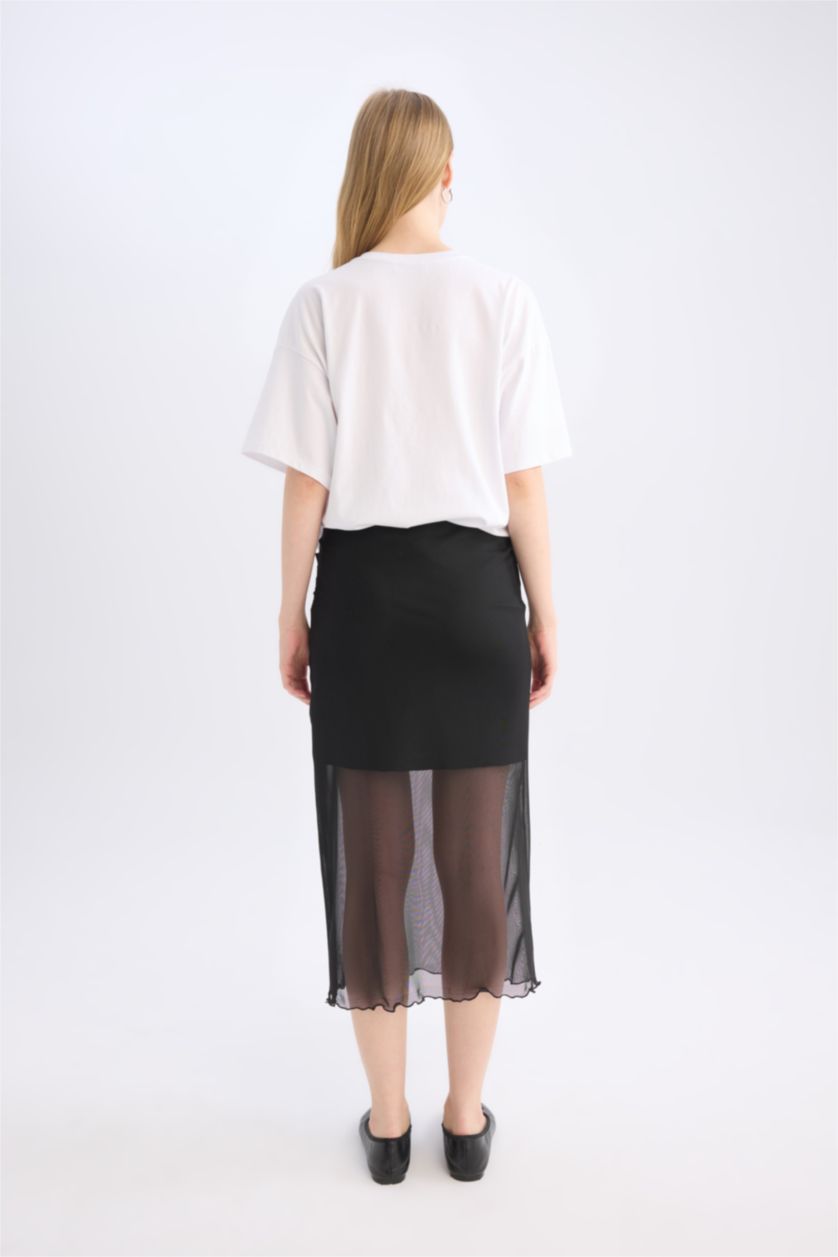 Kadın Siyah Kalem Normal Bel Drapeli Astarlı Tül Midi Etek