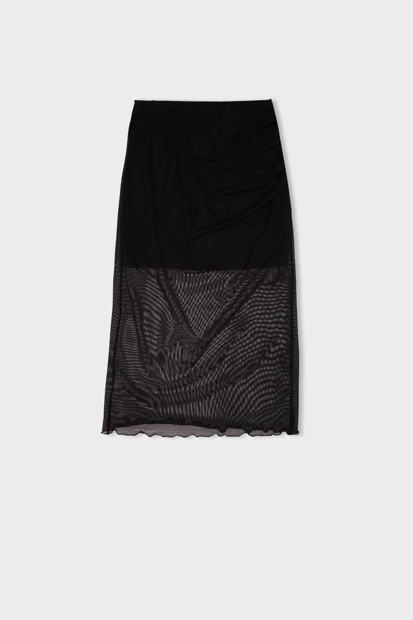 Kadın Siyah Kalem Normal Bel Drapeli Astarlı Tül Midi Etek