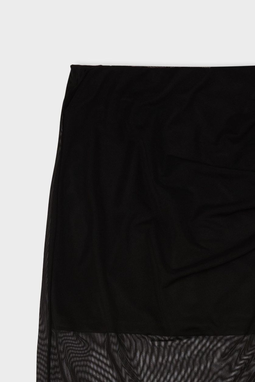 Kadın Siyah Kalem Normal Bel Drapeli Astarlı Tül Midi Etek