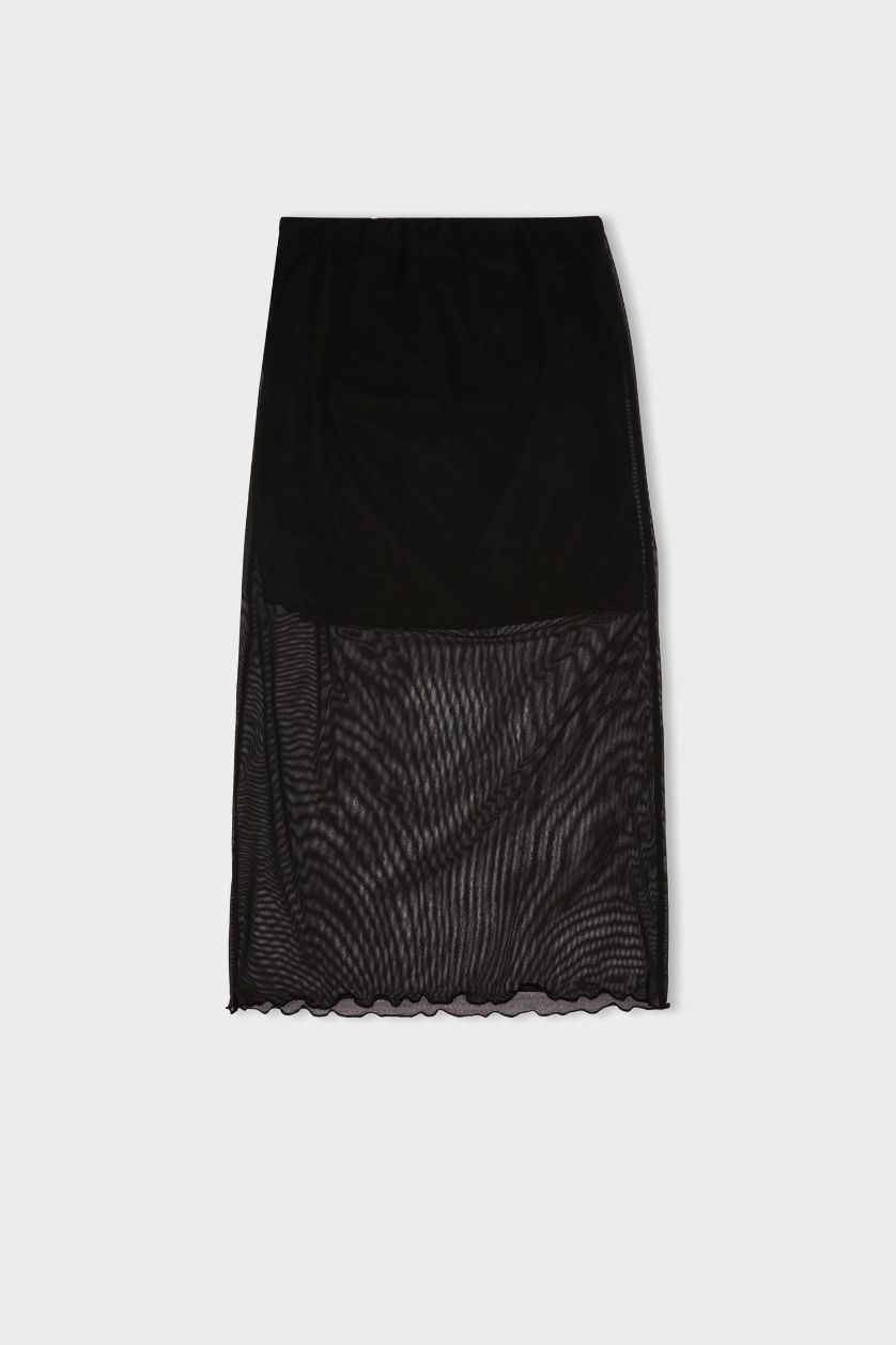 Kadın Siyah Kalem Normal Bel Drapeli Astarlı Tül Midi Etek