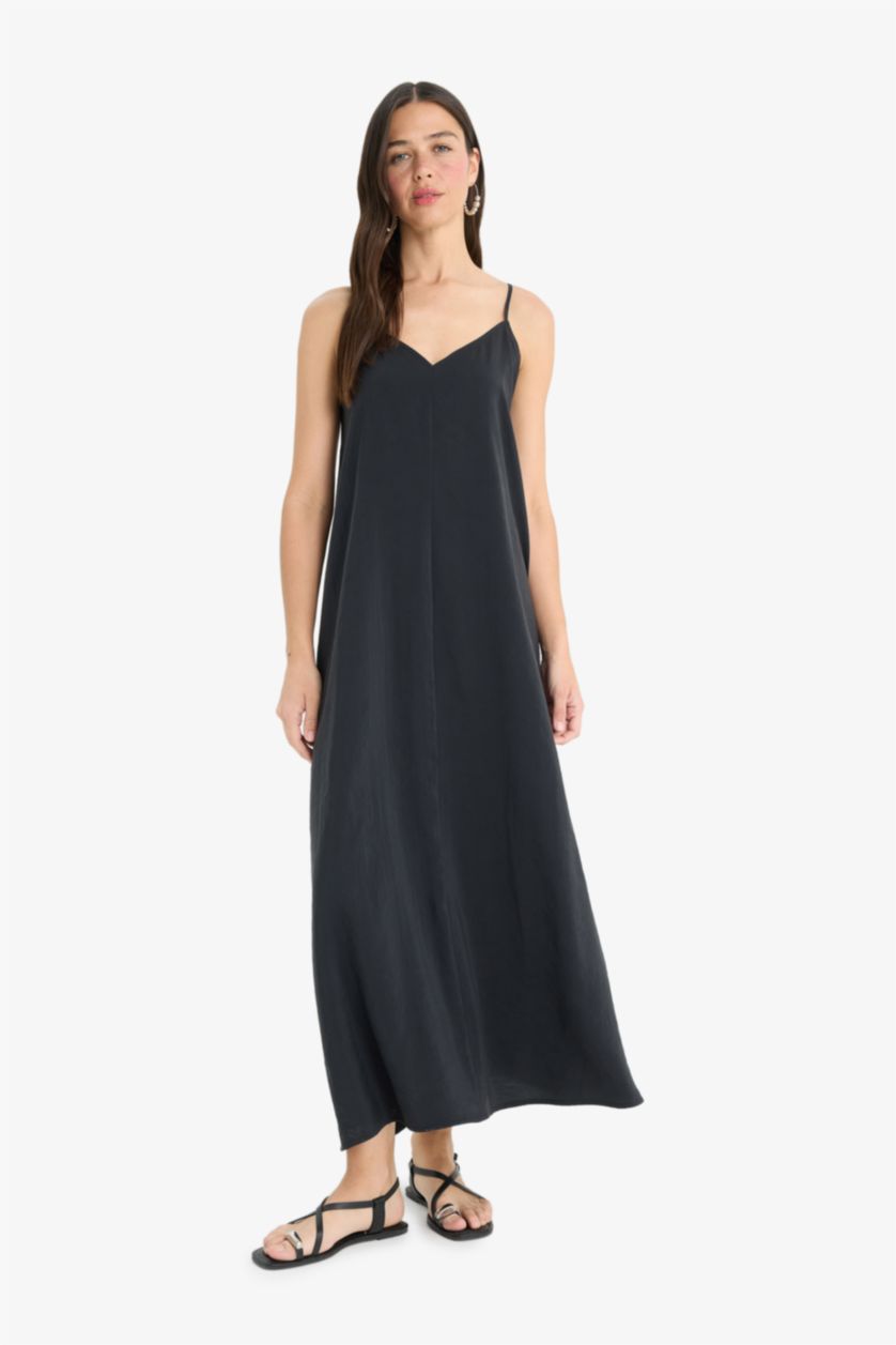 Kadın Siyah A Kesim V Yaka Modal Kolsuz Maxi Elbise