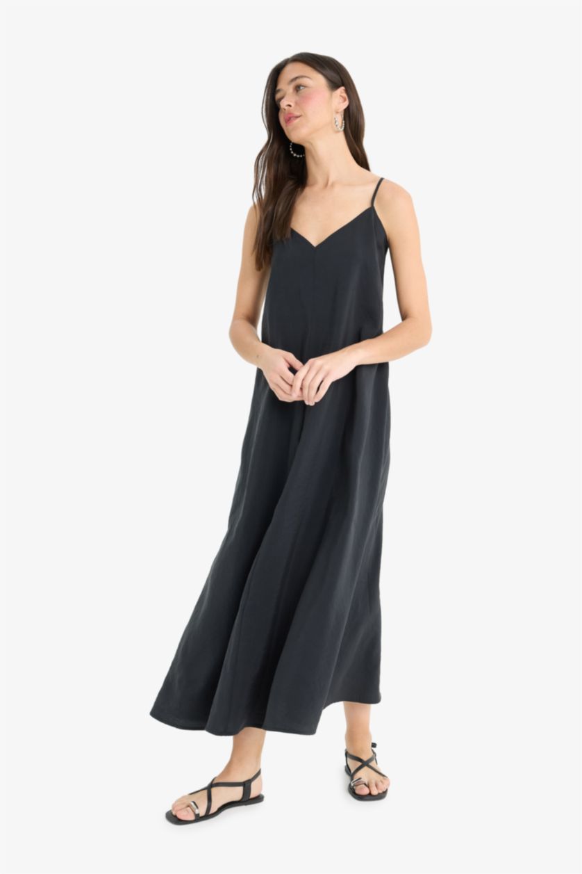 Kadın Siyah A Kesim V Yaka Modal Kolsuz Maxi Elbise