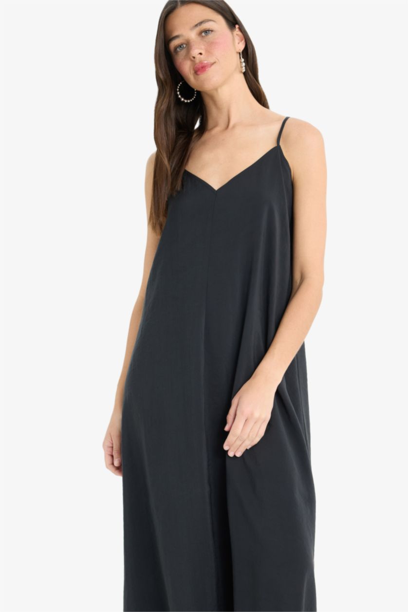 Kadın Siyah A Kesim V Yaka Modal Kolsuz Maxi Elbise