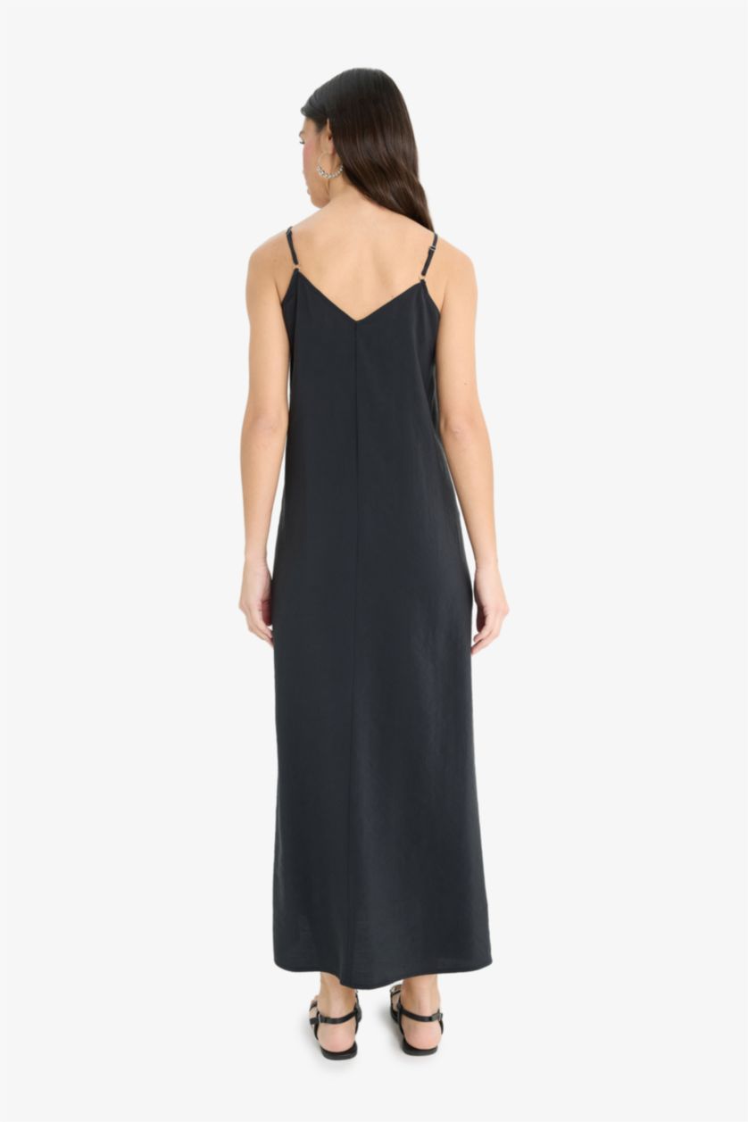 Kadın Siyah A Kesim V Yaka Modal Kolsuz Maxi Elbise