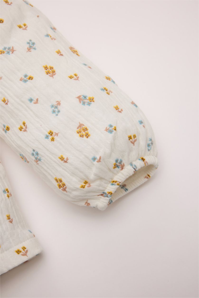 BABY GIRL Ecru Girl Baby Muslin Floral Patterned Ruffle Collar Shirt