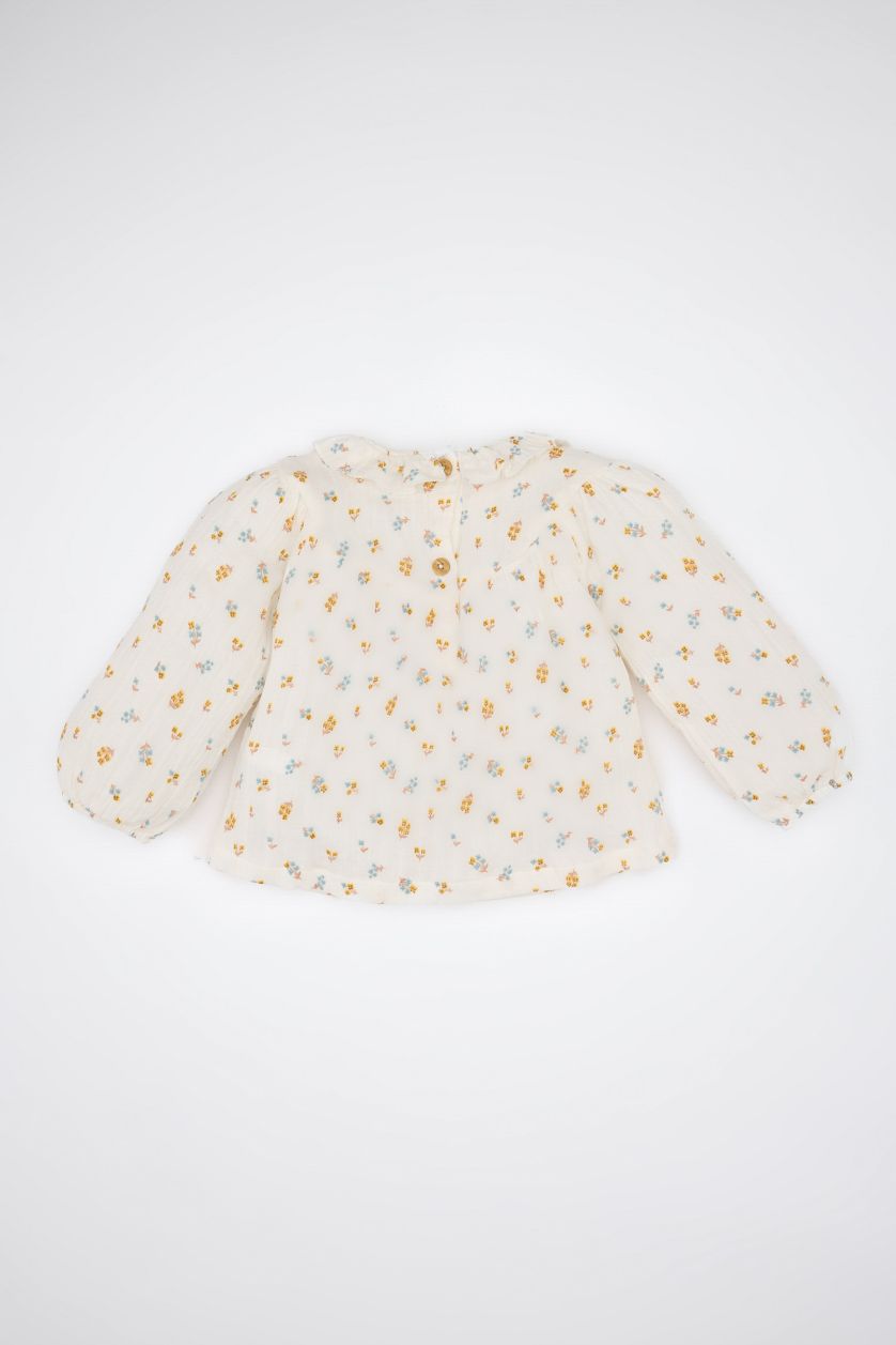 BABY GIRL Ecru Girl Baby Muslin Floral Patterned Ruffle Collar Shirt