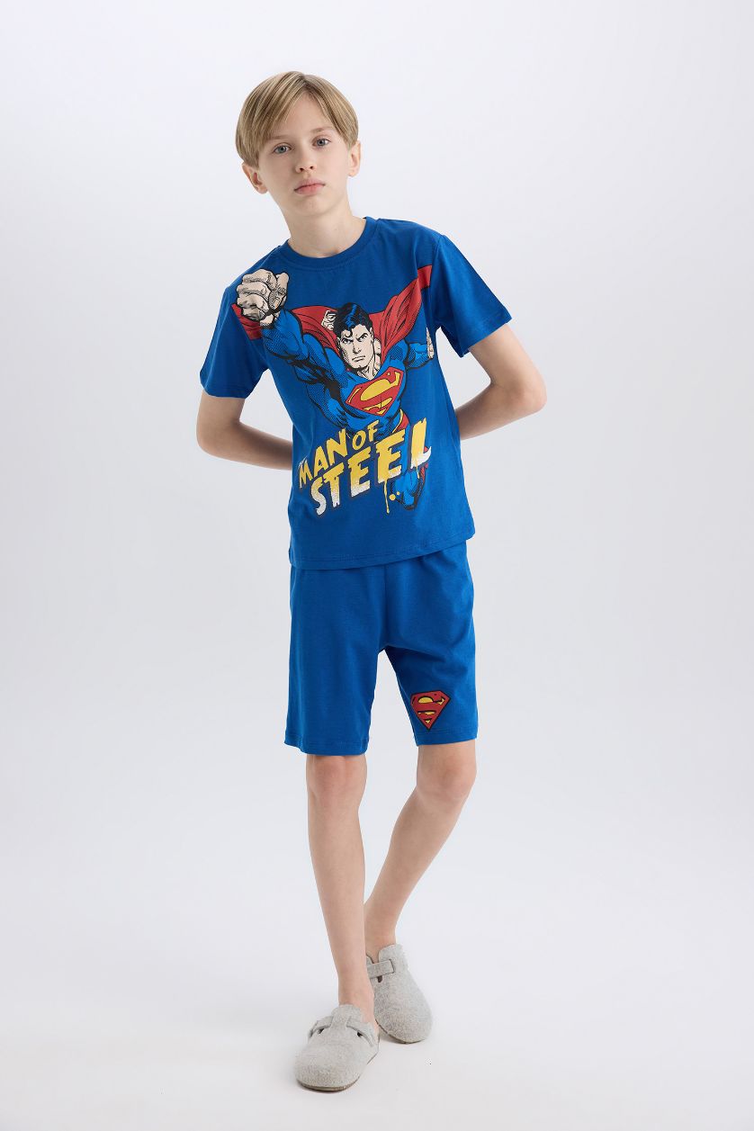 Erkek Çocuk - Genç Erkek Koyu Mavi %100 Pamuklu Superman Pijama Takımı Erkek Çocuk