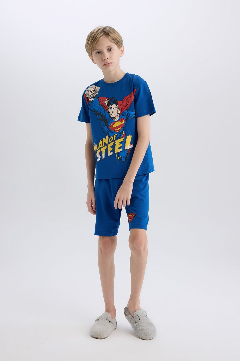 Erkek Çocuk - Genç Erkek Koyu Mavi %100 Pamuklu Superman Pijama Takımı Erkek Çocuk