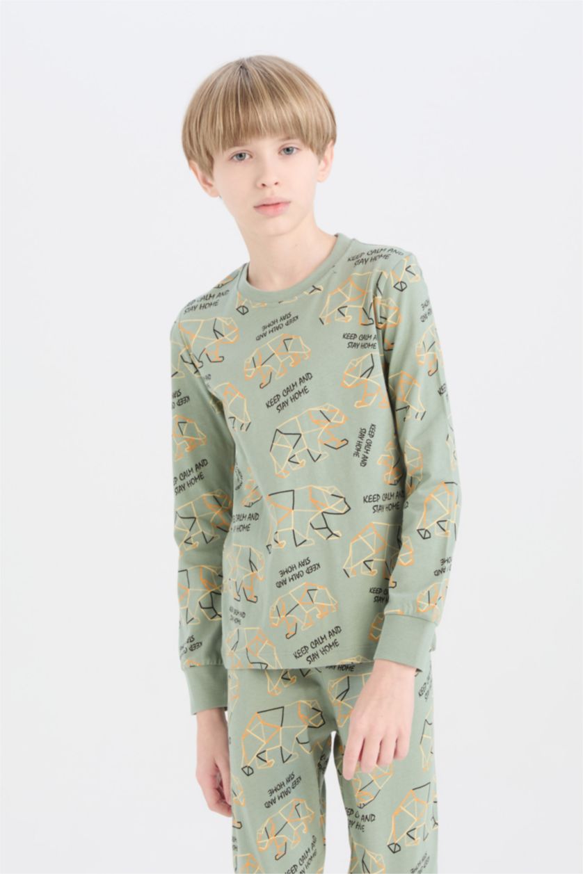 Erkek Çocuk - Genç Erkek Açık Yeşil Erkek Çocuk Pijama Takımı Desenli Uzun Kollu Üst Uzun Alt