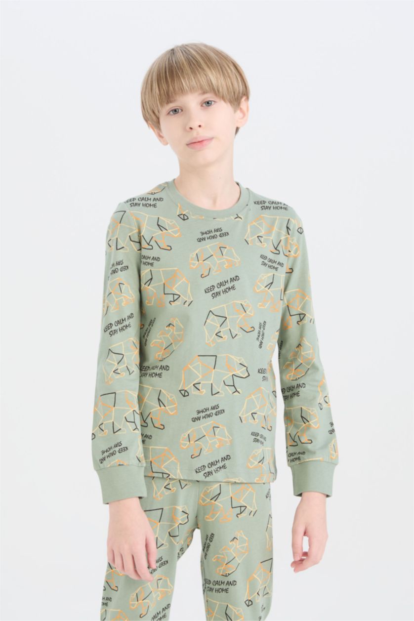 Erkek Çocuk - Genç Erkek Açık Yeşil Erkek Çocuk Pijama Takımı Desenli Uzun Kollu Üst Uzun Alt