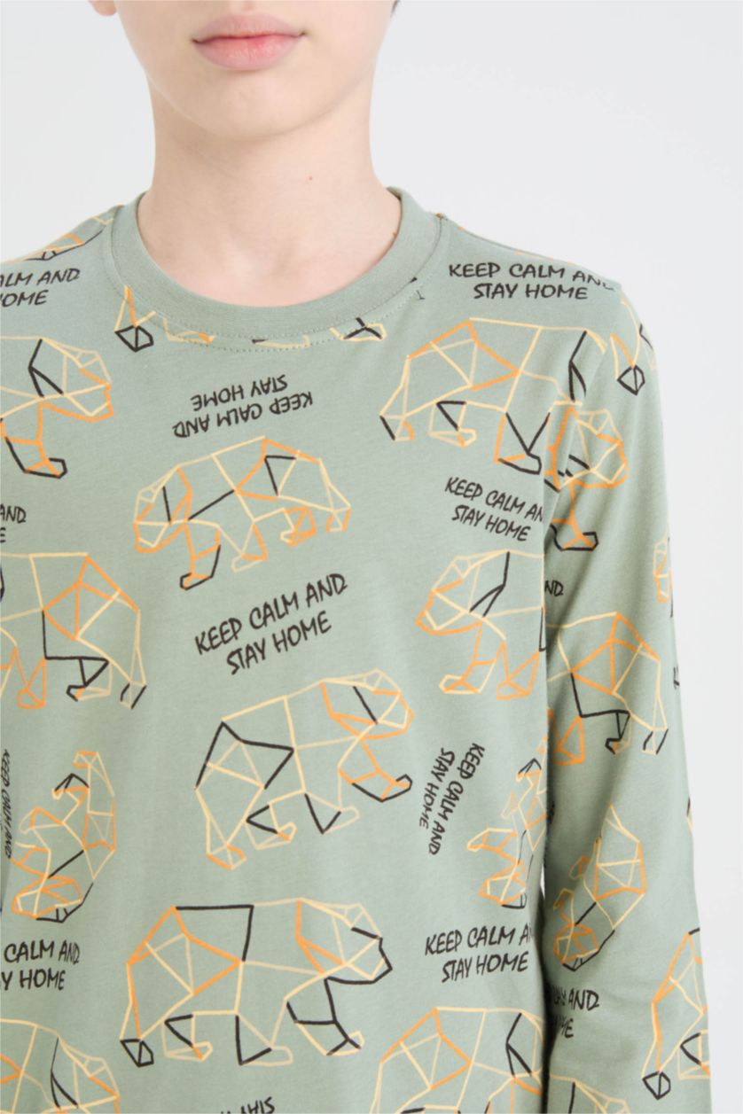 Erkek Çocuk - Genç Erkek Açık Yeşil Erkek Çocuk Pijama Takımı Desenli Uzun Kollu Üst Uzun Alt