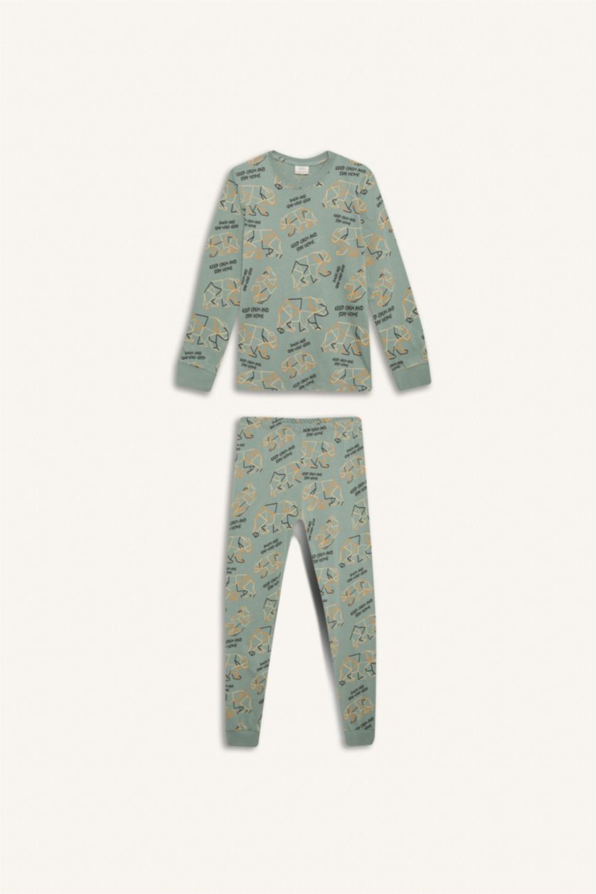 Erkek Çocuk - Genç Erkek Açık Yeşil Erkek Çocuk Pijama Takımı Desenli Uzun Kollu Üst Uzun Alt