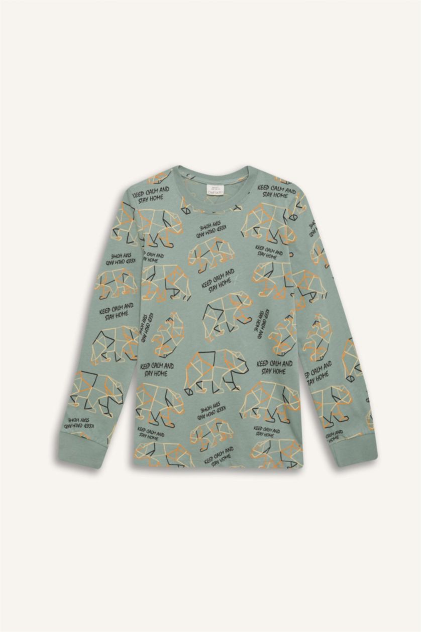 Erkek Çocuk - Genç Erkek Açık Yeşil Erkek Çocuk Pijama Takımı Desenli Uzun Kollu Üst Uzun Alt