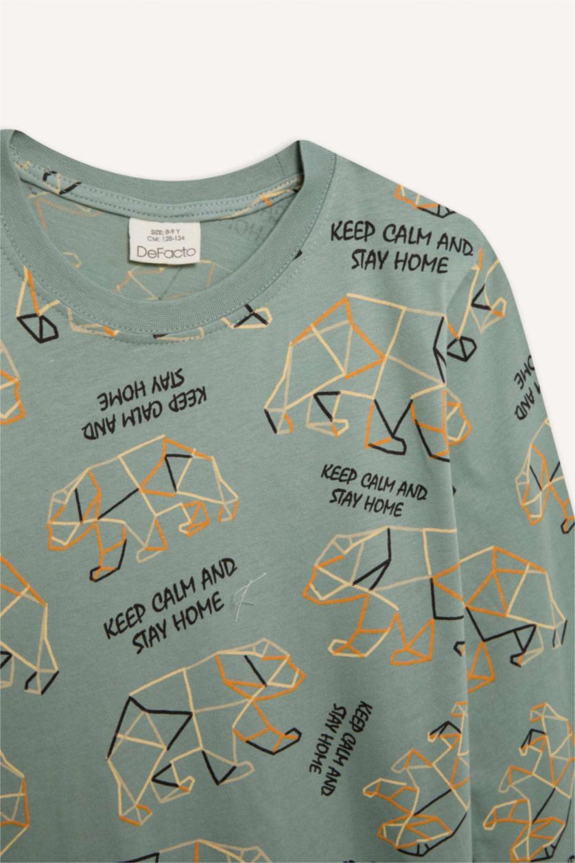 Erkek Çocuk - Genç Erkek Açık Yeşil Erkek Çocuk Pijama Takımı Desenli Uzun Kollu Üst Uzun Alt