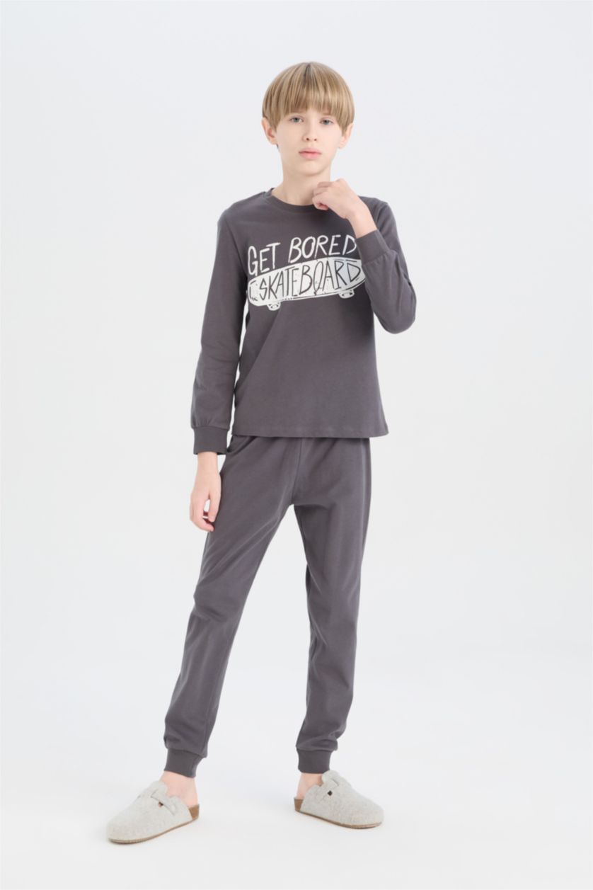 Erkek Çocuk - Genç Erkek Antrasit Erkek Çocuk Pijama Takımı Baskılı Uzun Kollu Üst Uzun Alt