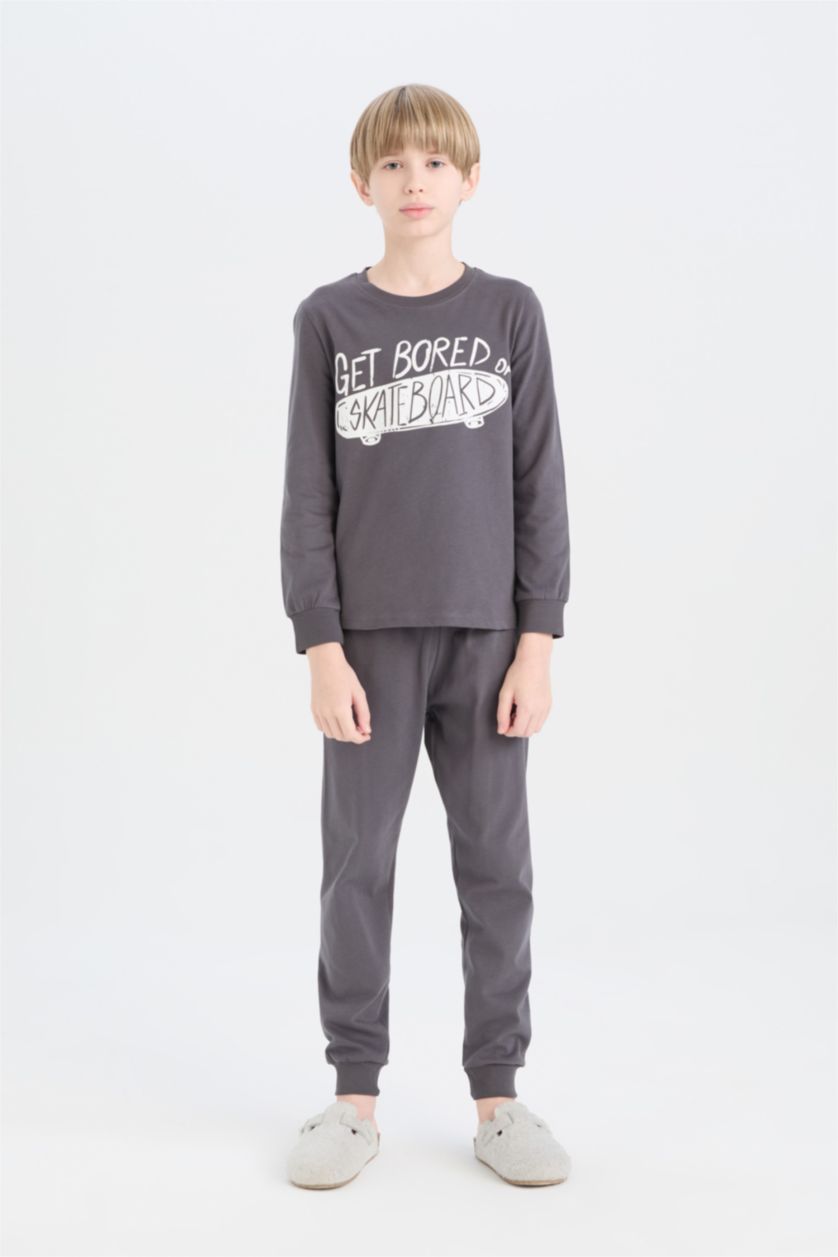Erkek Çocuk - Genç Erkek Antrasit Erkek Çocuk Pijama Takımı Baskılı Uzun Kollu Üst Uzun Alt