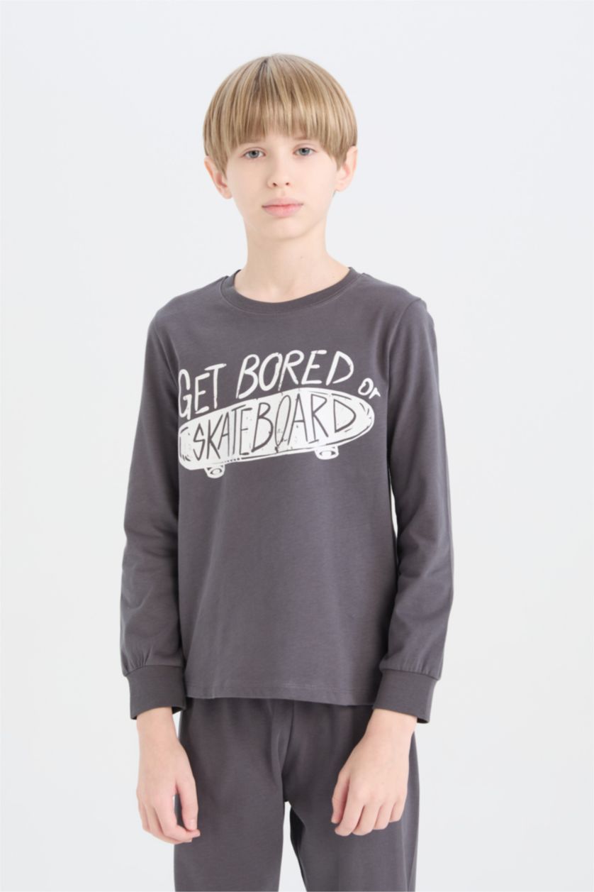 Erkek Çocuk - Genç Erkek Antrasit Erkek Çocuk Pijama Takımı Baskılı Uzun Kollu Üst Uzun Alt