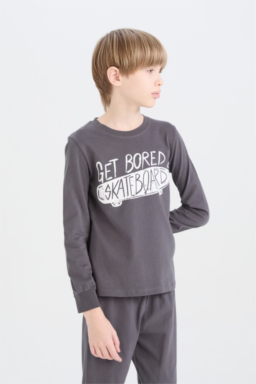 Erkek Çocuk - Genç Erkek Antrasit Erkek Çocuk Pijama Takımı Baskılı Uzun Kollu Üst Uzun Alt