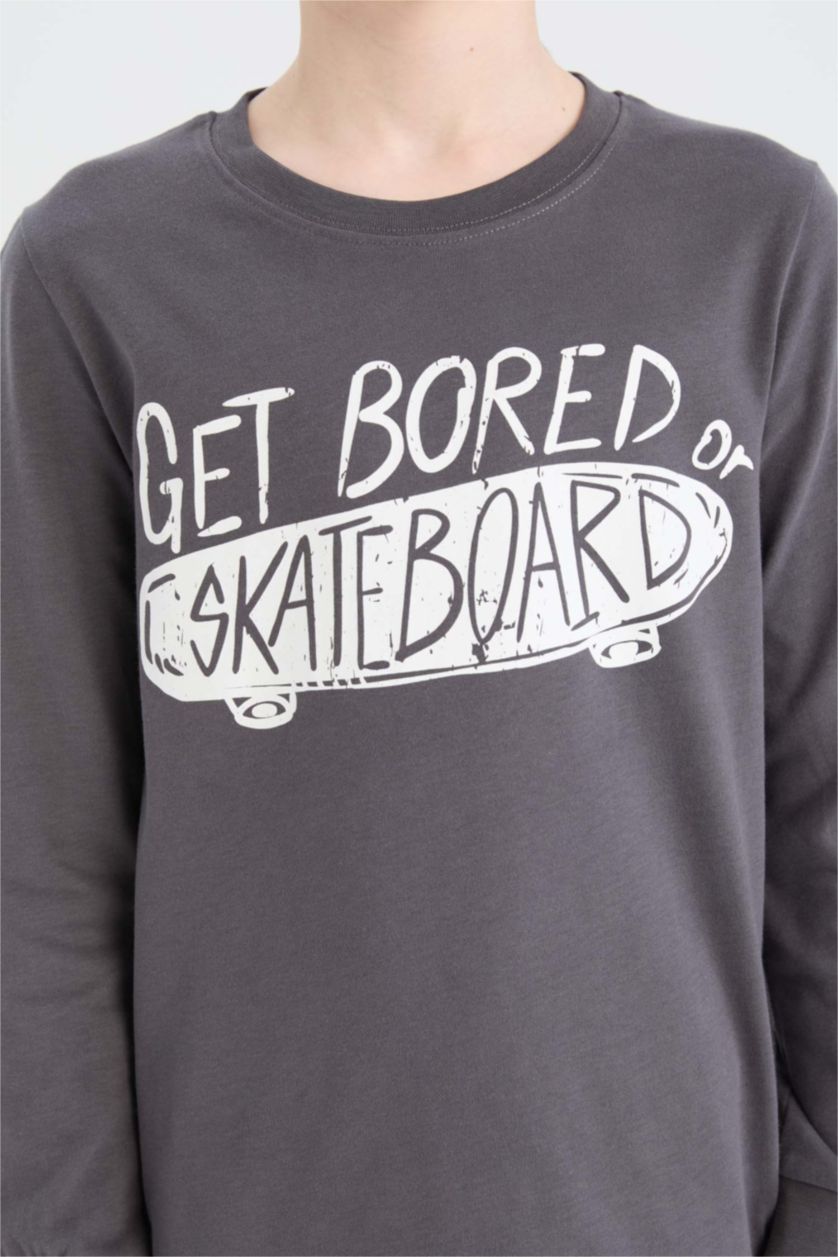 Erkek Çocuk - Genç Erkek Antrasit Erkek Çocuk Pijama Takımı Baskılı Uzun Kollu Üst Uzun Alt