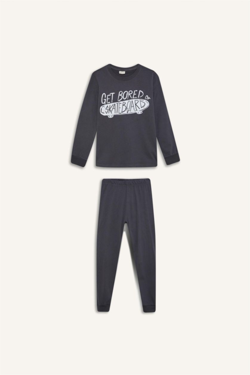 Erkek Çocuk - Genç Erkek Antrasit Erkek Çocuk Pijama Takımı Baskılı Uzun Kollu Üst Uzun Alt