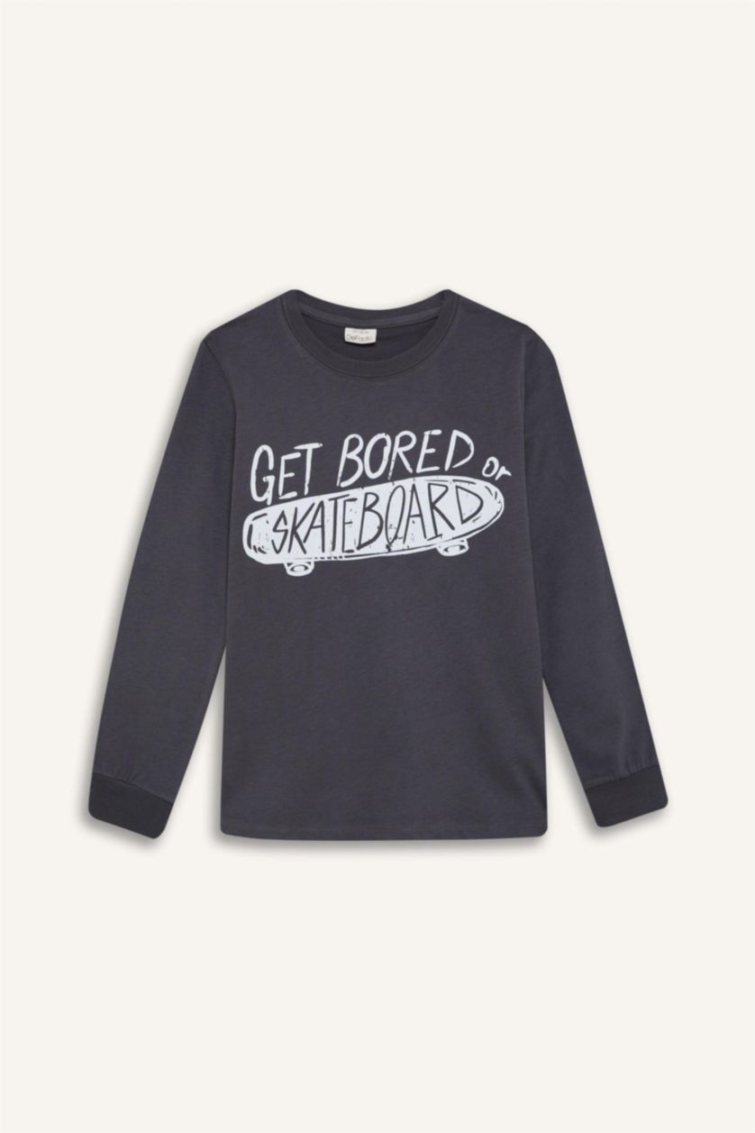 Erkek Çocuk - Genç Erkek Antrasit Erkek Çocuk Pijama Takımı Baskılı Uzun Kollu Üst Uzun Alt